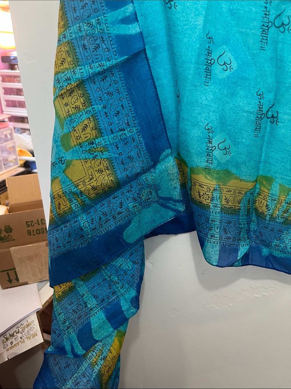 Yves Saint Laurent Turquoise and Blue Silk Scarf with Yellow Accents - Picture 4 of 5